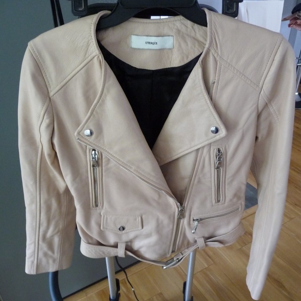 UTERQUE LAMBSKIN ROSEPETALS/BEIGE LEATHER BIKER JACKET SIZE SMALL NEW NO TAGS